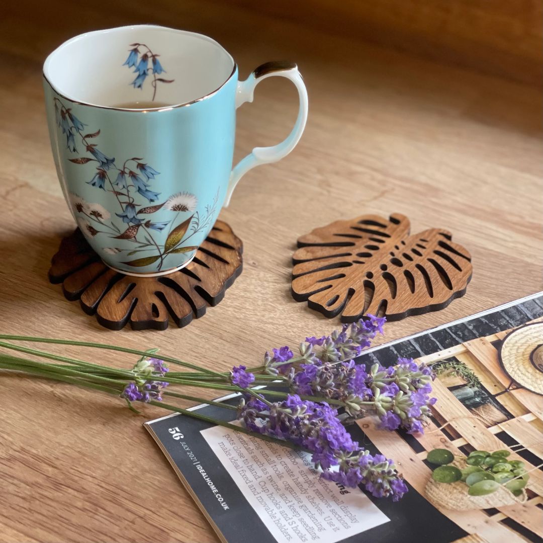 Monstera Upcycled Teak Wood Coasters – Set of 2