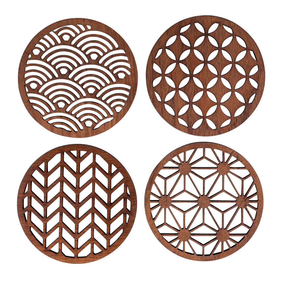 Japanese Patterns Upcycled Teak Wood Coasters – Set of 4