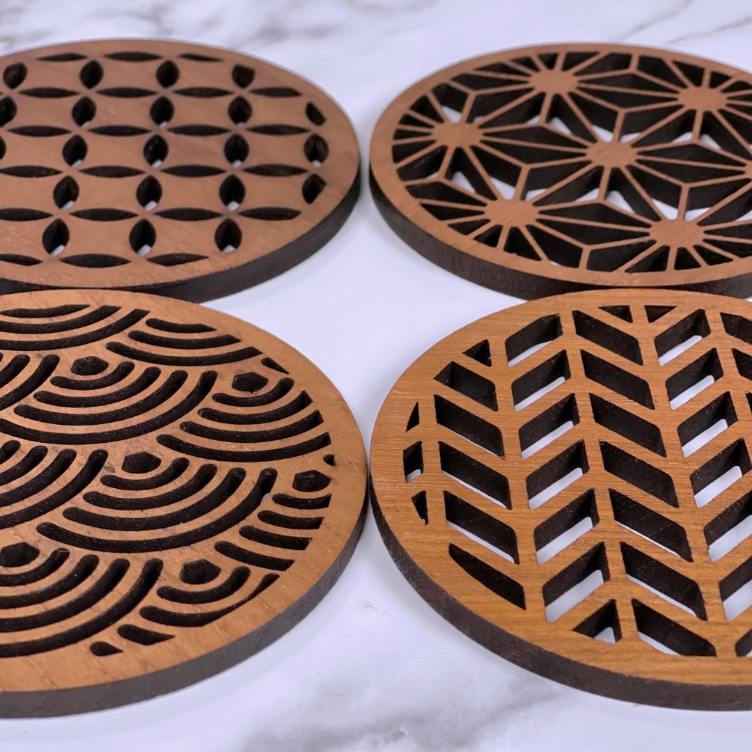 Japanese Patterns Upcycled Teak Wood Coasters – Set of 4