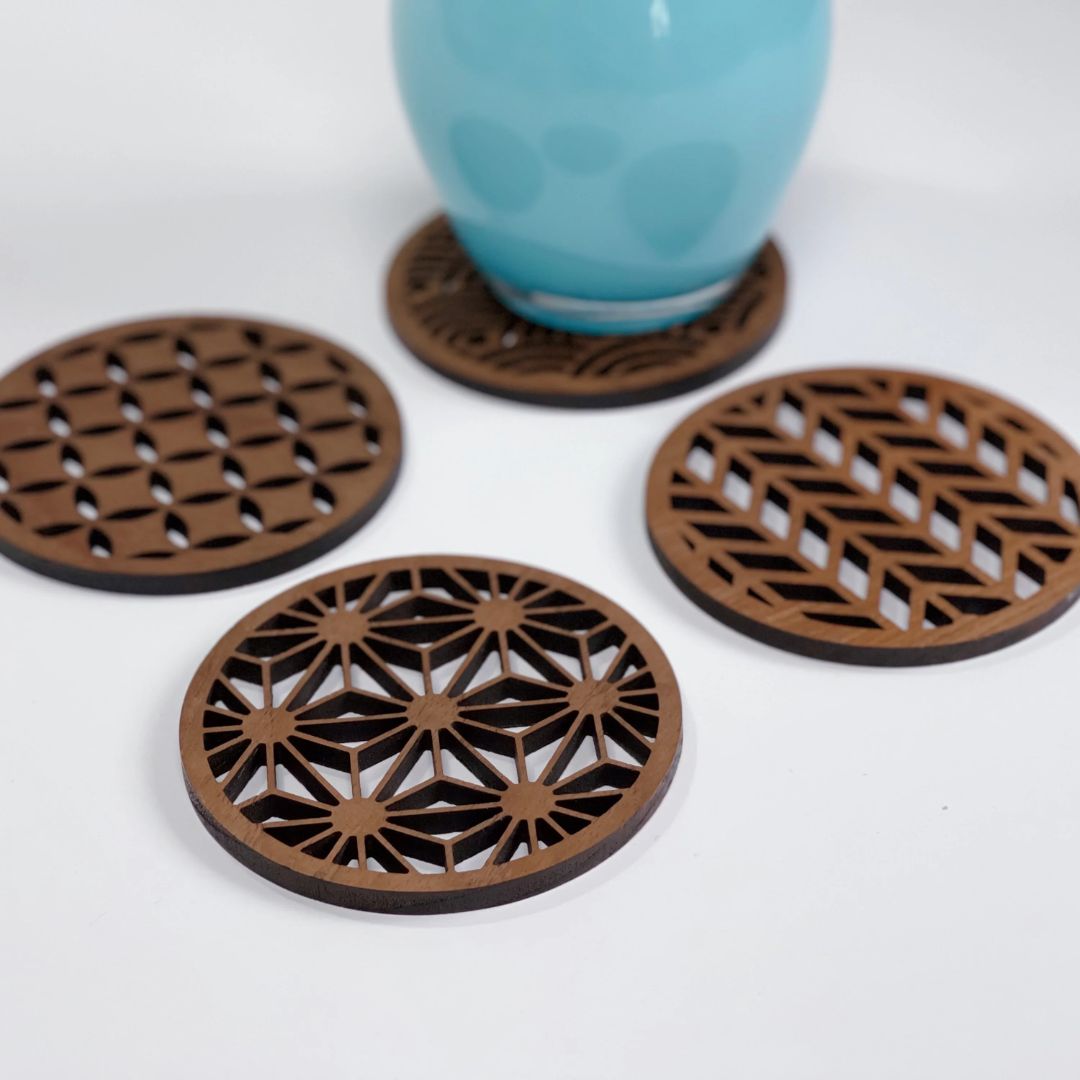 Japanese Patterns Upcycled Teak Wood Coasters – Set of 4