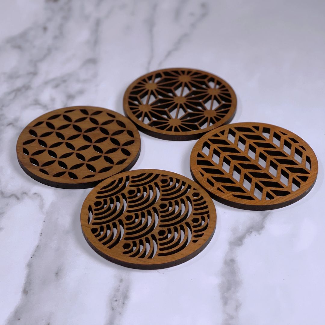 Japanese Patterns Upcycled Teak Wood Coasters – Set of 4