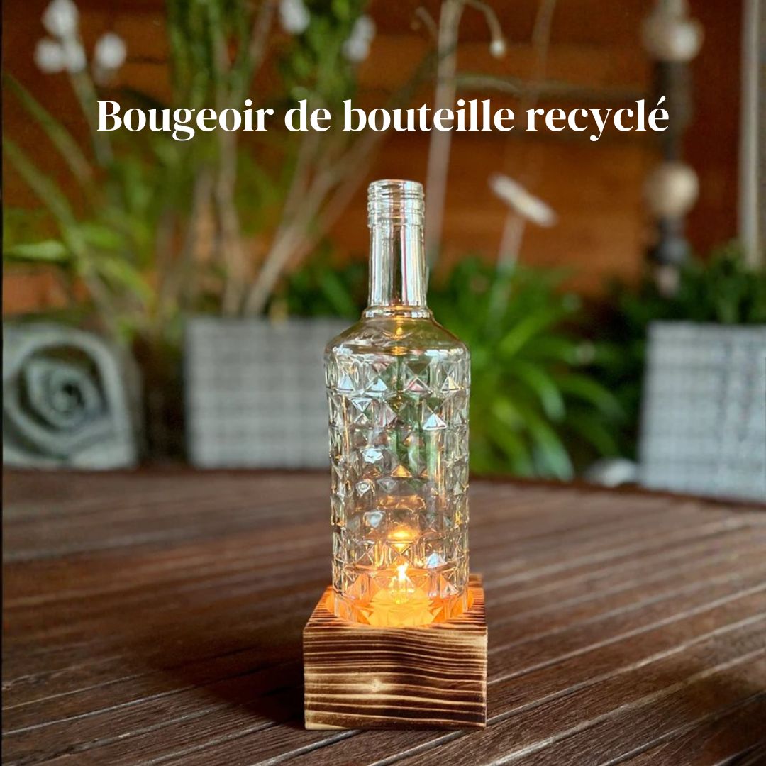 Kerzenhalter aus recycelter Flasche mit Holzsockel – 1-flammig