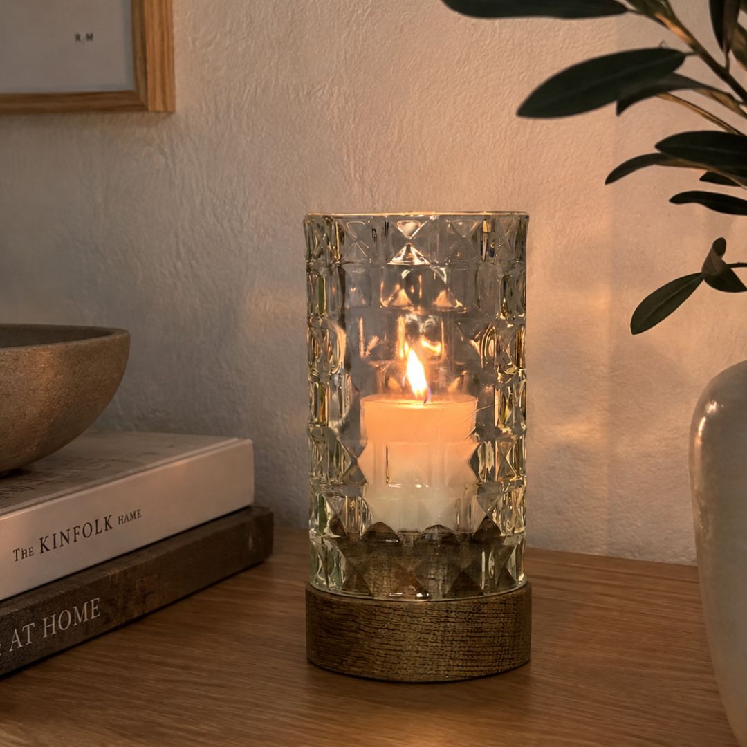 Recycled bottle tealight holder with wooden base