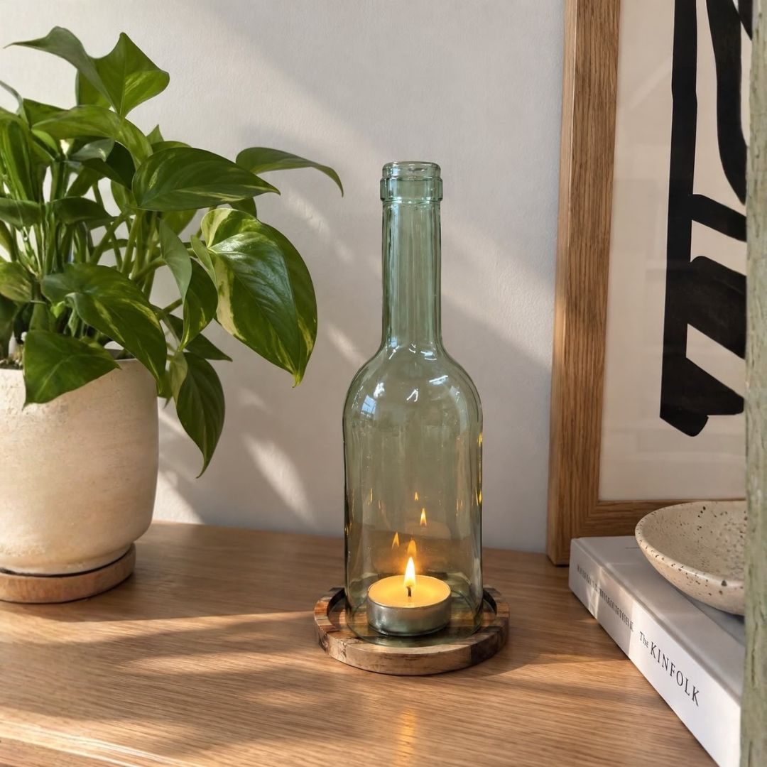 Photophore - Bouteille de vin surcyclée sur socle en bois