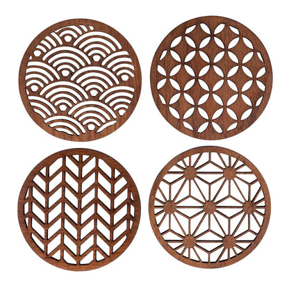 Sous-verres motifs japonais en bois de teck surcyclé  -  Set de 4