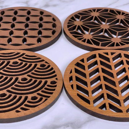 Sous-verres motifs japonais en bois de teck surcyclé  -  Set de 4