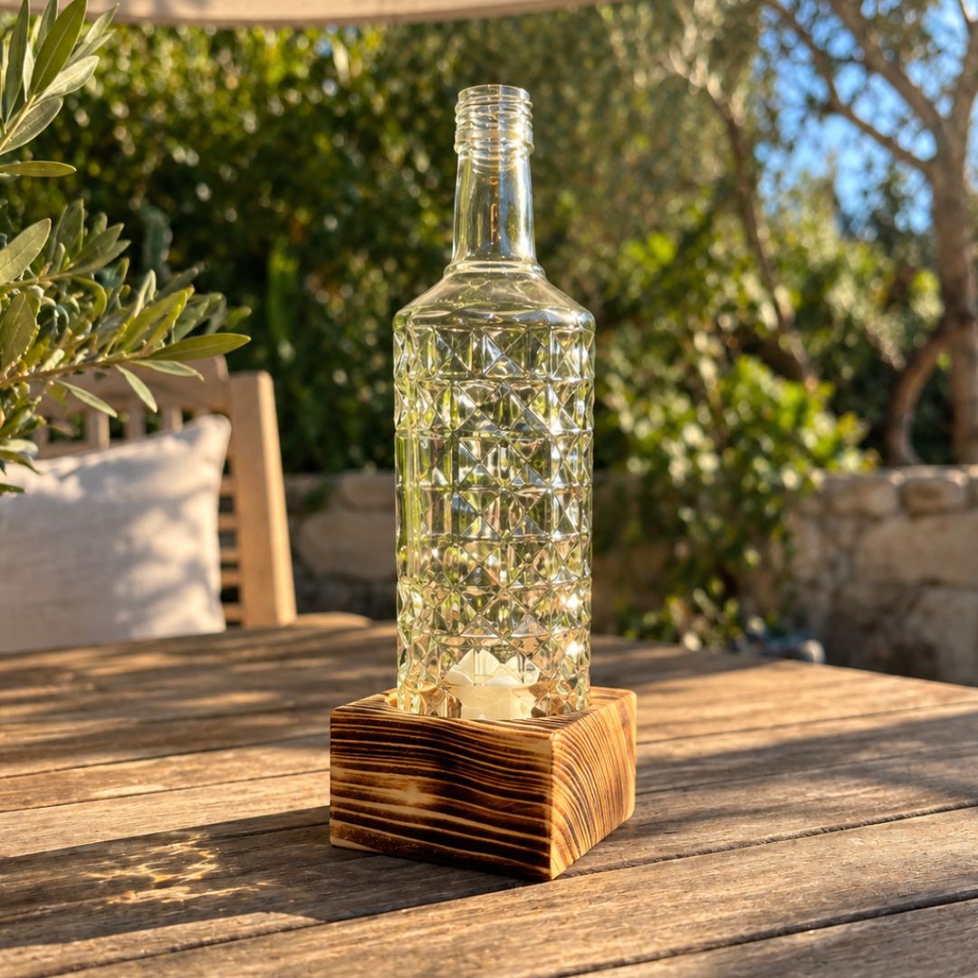 Bougeoir en bouteille recyclée avec socle en bois – 1 flamme