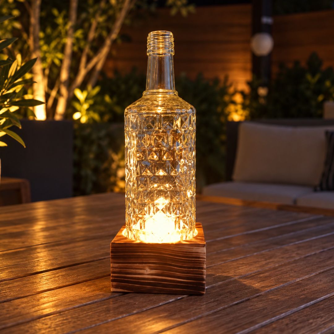 Bougeoir en bouteille recyclée avec socle en bois – 1 flamme