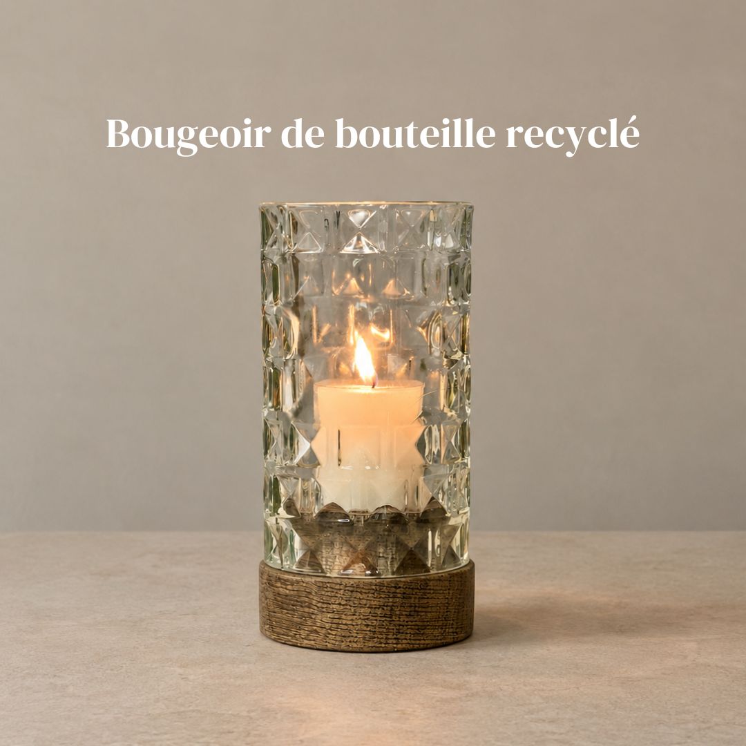 Recycled bottle tealight holder with wooden base