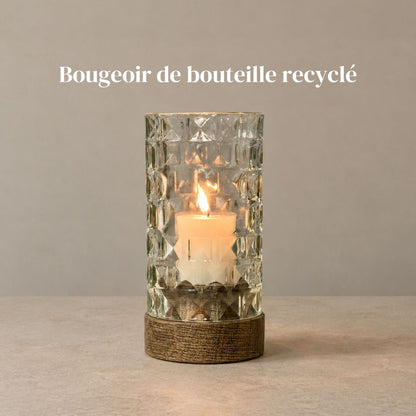 Recycled bottle tealight holder with wooden base