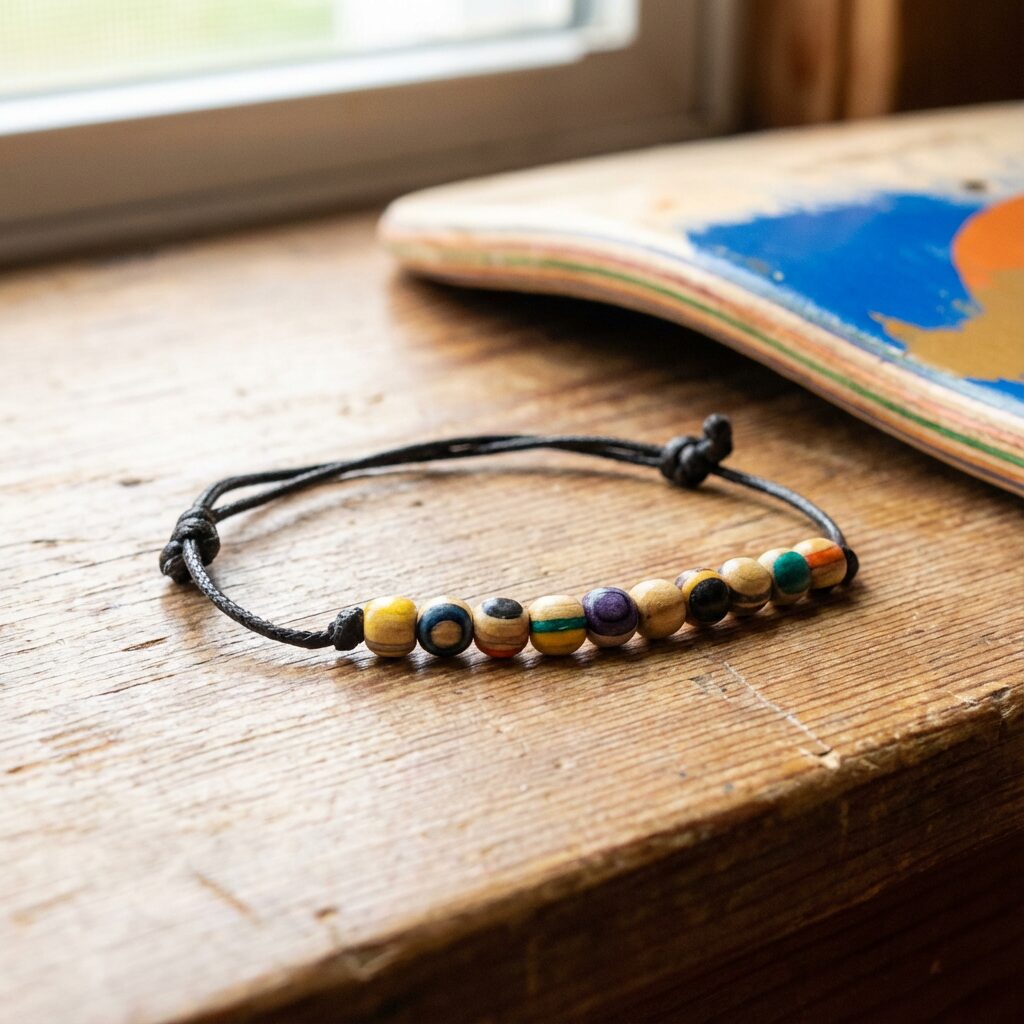 Minimal Recycled Skateboard Bracelet – Handmade Wood Bead Bracelet
