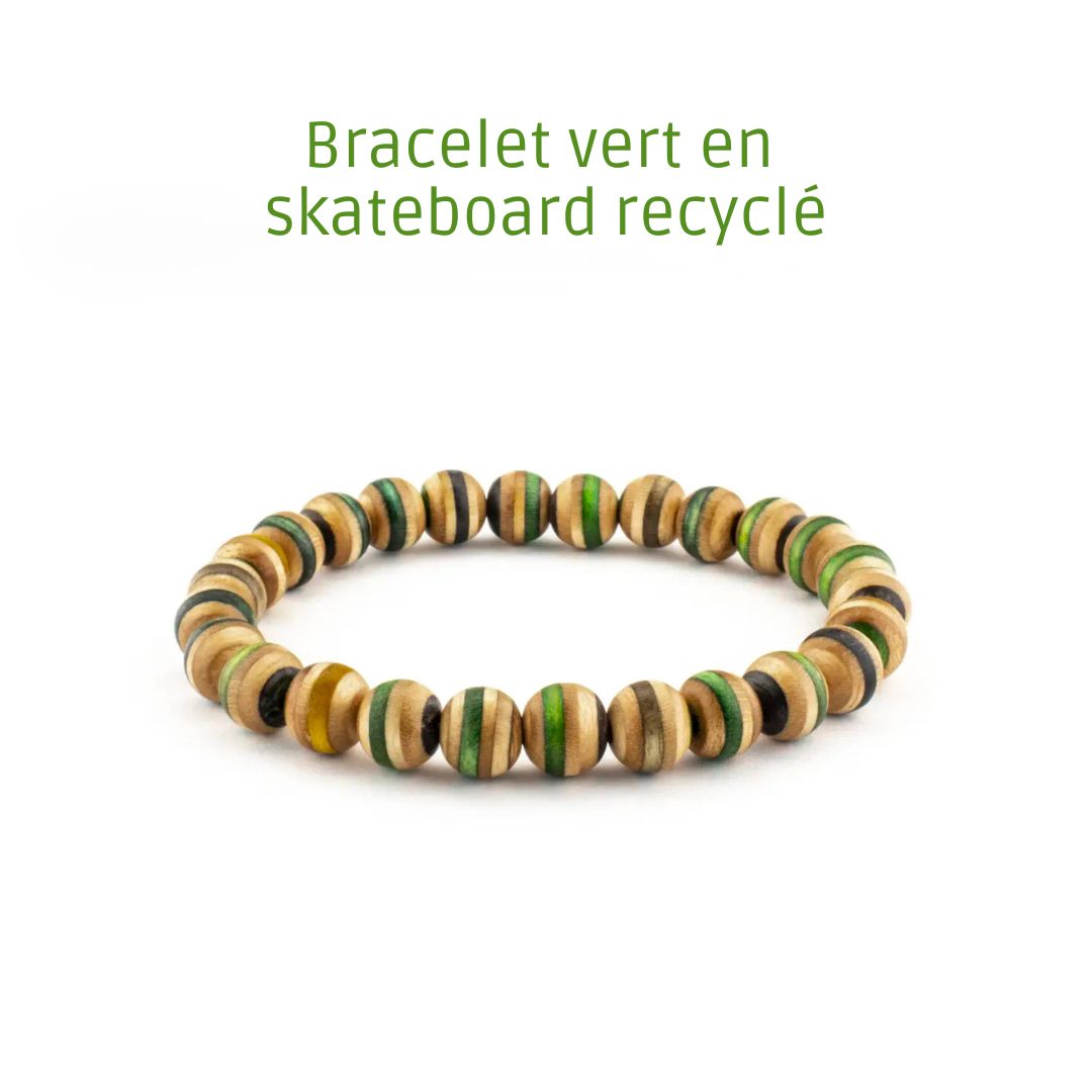 Grünes Armband aus recyceltem Skateboard – elastisches Holzperlen-Armband