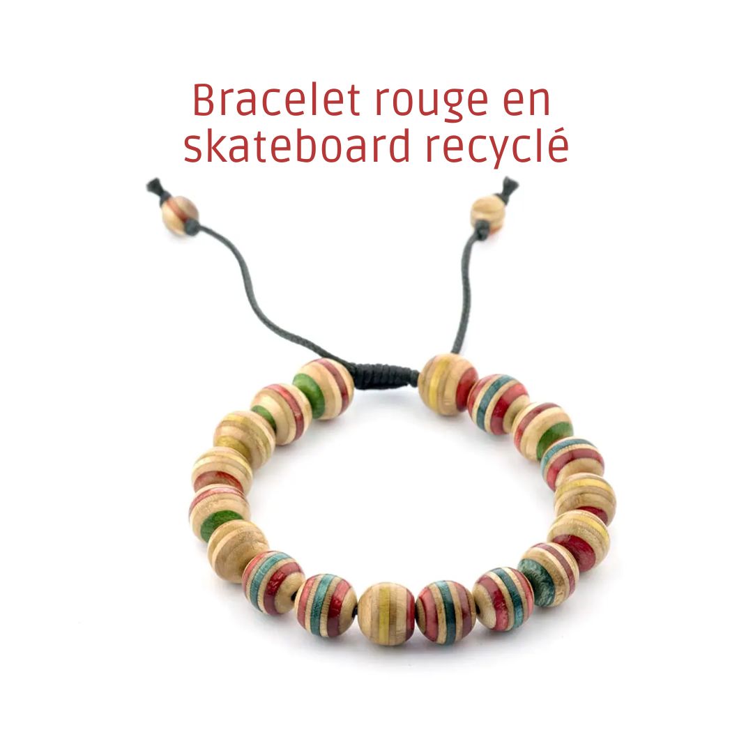 Bracelet rouge en skateboard recyclé – bracelet en perles de bois