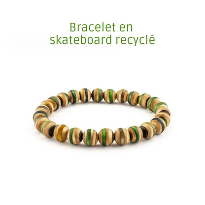 Grünes Armband aus recyceltem Skateboard – elastisches Holzperlen-Armband