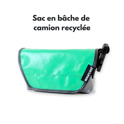 Graue Tasche mit türkisfarbener Klappe aus recycelter LKW-Plane – 3-in-1 Tasche
